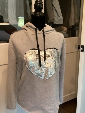 Via Vitale Italy Gray Hoodie Sweater with Silver Sequin Heart Accent